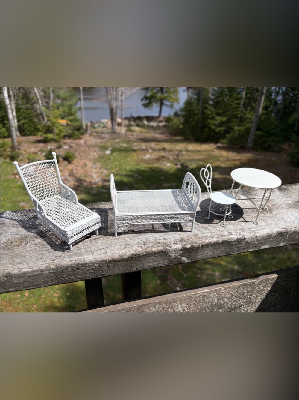 Vintage metal “wicker and lace” White Miniature Set - 4PC Dollhouse Furniture